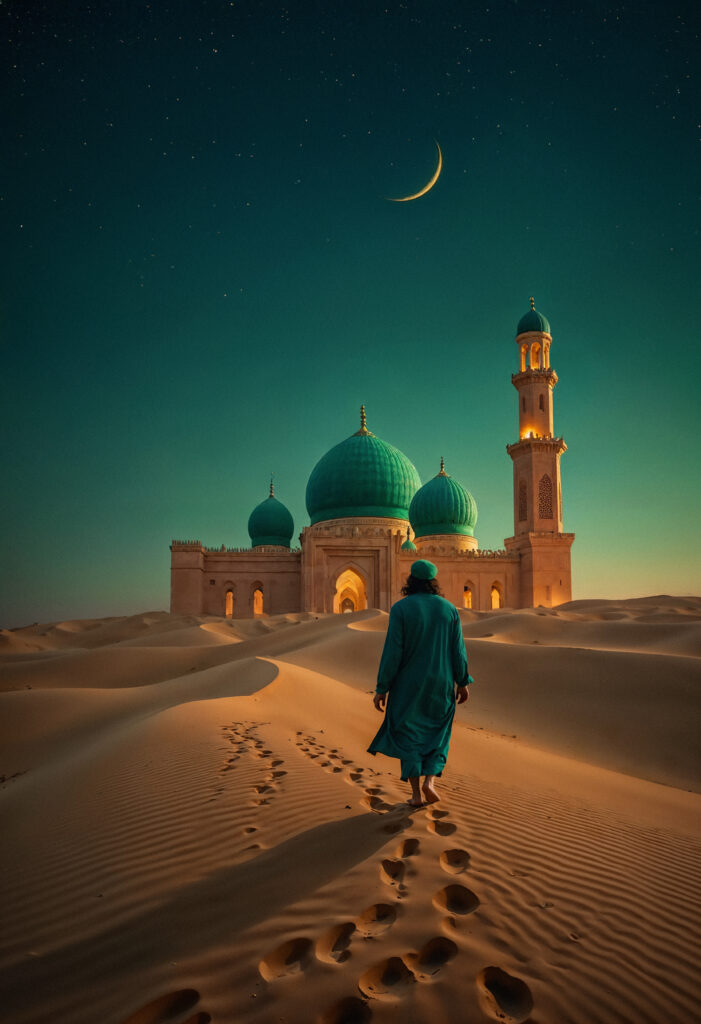 Home pilgrim walking towards mosque desert night